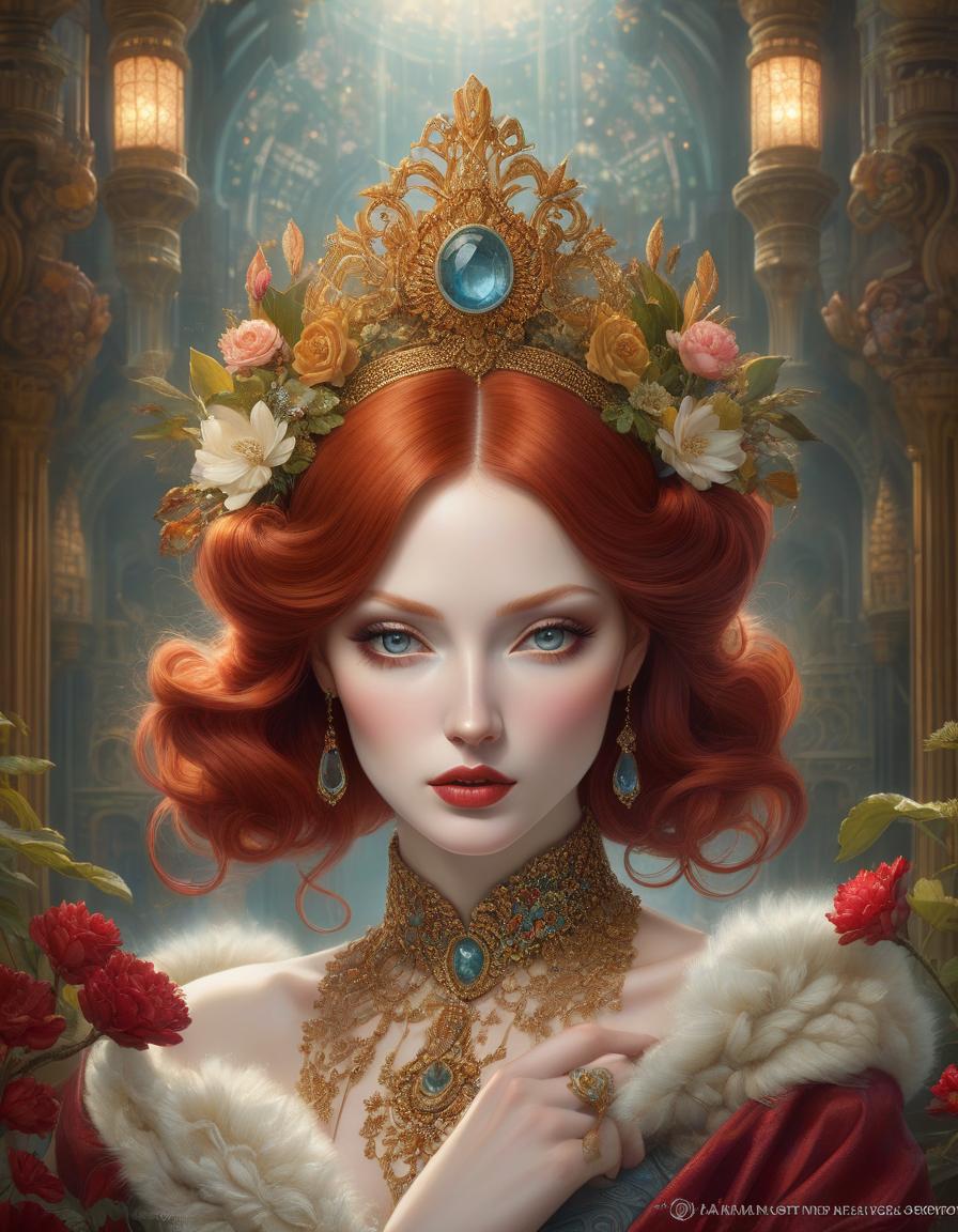  Opulent royal redhead, Award winning fantasy digital painting, clear quality, confusion, incredible Naoto Hattori, Anna Dittmann, Tom Bagshaw, Zinaida Serebriakova, Tamara De Lempicka, hyperrealistic, full body, detailed clothing, highly detailed, cinematic lighting, stunningly beautiful, intricate, sharp focus, f/1. 8, 85mm, (centered image composition), (professionally color graded), ((bright soft diffused light)), volumetric fog, trending on instagram, trending on tumblr, HDR 4K, 8K