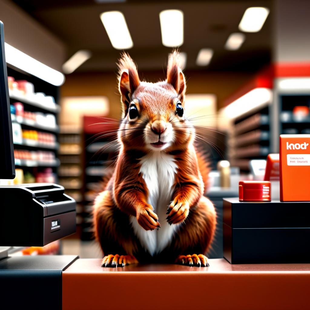  cinematic photo Beautiful squirrel works as a cashier in a store . 35mm photograph, film, bokeh, professional, 4k, highly detailed hyperrealistic, full body, detailed clothing, highly detailed, cinematic lighting, stunningly beautiful, intricate, sharp focus, f/1. 8, 85mm, (centered image composition), (professionally color graded), ((bright soft diffused light)), volumetric fog, trending on instagram, trending on tumblr, HDR 4K, 8K