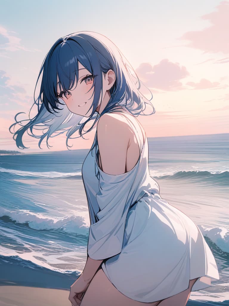  Master Piece, Best Quality, Hires, Detailed, From Front, (Cowboy Shot), 1GIRL, SMILE, Long Hair, Blue Hair, SwimsuSUST, SHORE, SHORE, SHORE. LINE, (cat chemo ear), masterpiece, best quality,8k,ultra detailed,high resolution,an extremely delicate and beautiful,hyper detail