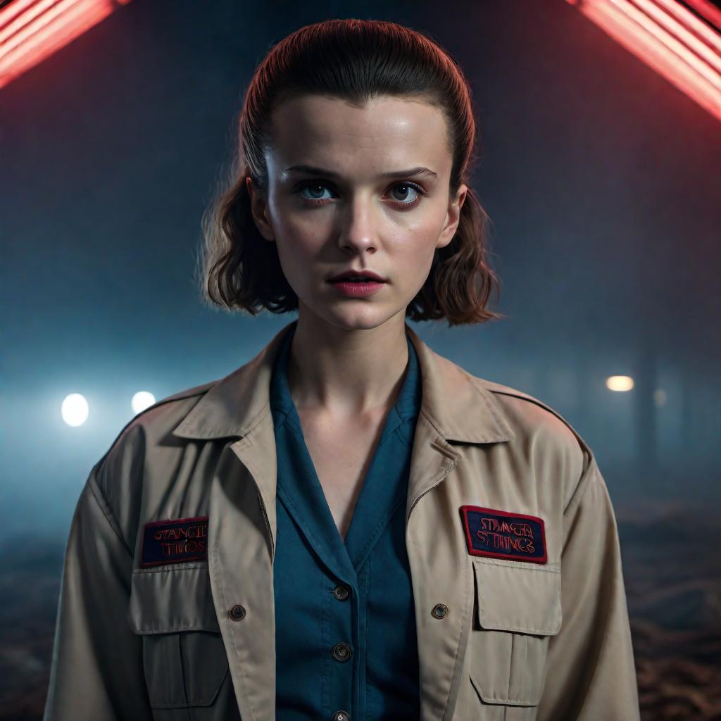  Eleven from Stranger Things, with her iconic look from the show. She should be wearing her typical outfit and showcasing her telekinetic powers. The background should reflect the eerie atmosphere of the series with hints of the Upside Down. hyperrealistic, full body, detailed clothing, highly detailed, cinematic lighting, stunningly beautiful, intricate, sharp focus, f/1. 8, 85mm, (centered image composition), (professionally color graded), ((bright soft diffused light)), volumetric fog, trending on instagram, trending on tumblr, HDR 4K, 8K