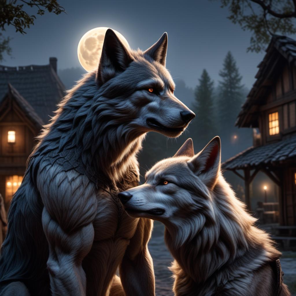  Ultra-realistic male werewolf looking lovingly at a female werewolf. The full moon lights up the couple, with a village in the distance where others are milling about. The male werewolf has a gentle yet fierce look, while the female werewolf gazes back tenderly. The scene is detailed, capturing the textures of their fur and the mystical ambiance of the moonlit night. The village in the background has a blend of rustic charm and eerie shadows. HD picture quality. hyperrealistic, full body, detailed clothing, highly detailed, cinematic lighting, stunningly beautiful, intricate, sharp focus, f/1. 8, 85mm, (centered image composition), (professionally color graded), ((bright soft diffused light)), volumetric fog, trending on instagram, trending on tumblr, HDR 4K, 8K