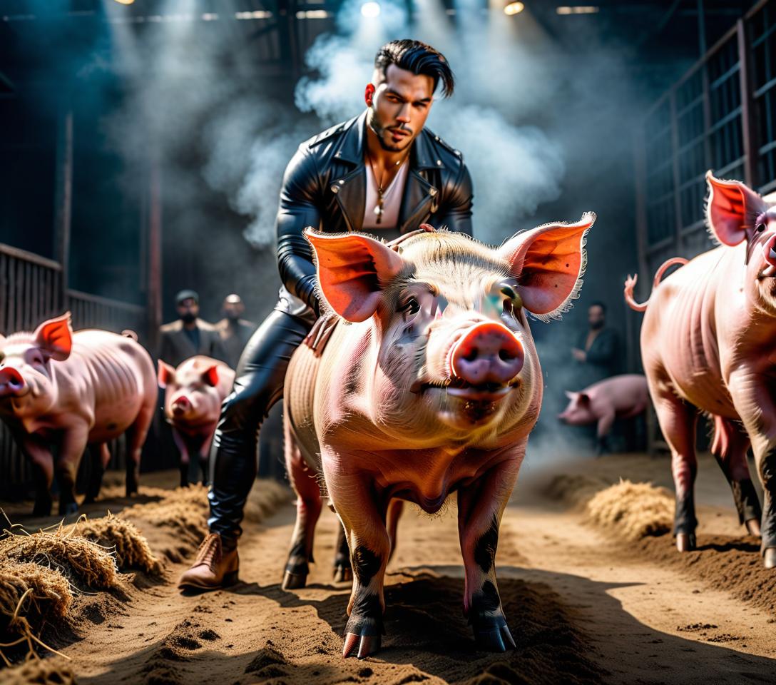  A young shows a large of a pig with a piercing. hyperrealistic, full body, detailed clothing, highly detailed, cinematic lighting, stunningly beautiful, intricate, sharp focus, f/1. 8, 85mm, (centered image composition), (professionally color graded), ((bright soft diffused light)), volumetric fog, trending on instagram, trending on tumblr, HDR 4K, 8K