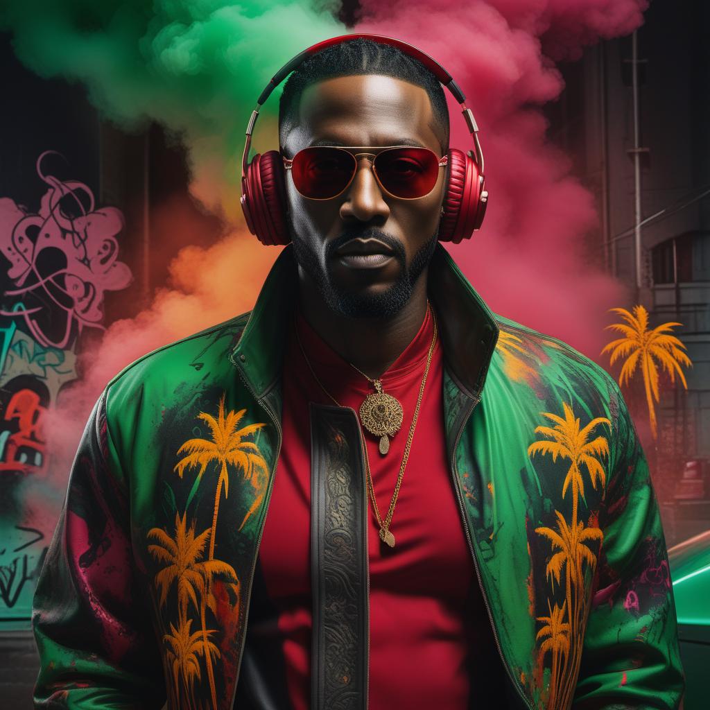  A vibrant and energetic dancehall album cover featuring the artist 'Haunted Boss.' The background is a blend of bright colors like red, yellow, and green, with hints of dark tones to create a contrast. Traditional dancehall elements like turntables, speakers, and palm trees are incorporated in a modern design. The artist's image is placed prominently in the center, slightly stylized with energetic blending effects. The artist's name, 'Haunted Boss,' is written in a bold, graffiti-style font with a misty effect around it, fitting seamlessly into the dynamic background. hyperrealistic, full body, detailed clothing, highly detailed, cinematic lighting, stunningly beautiful, intricate, sharp focus, f/1. 8, 85mm, (centered image composition), (professionally color graded), ((bright soft diffused light)), volumetric fog, trending on instagram, trending on tumblr, HDR 4K, 8K