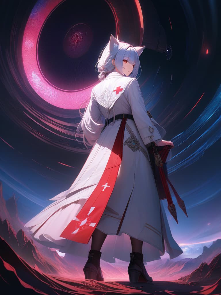  ((white fluffy werewolf only、anthropomorphic wolf only、1 man with the head of a wolf))、claw hands、from behind、looking back:1.2、(white trench coat with a red cross pattern on the back:1.2)、in dark night field、best quality:1.4、masterpiece:1.4、ultra detailed texture、RAW photorealistic、absurd resolution、8K illustration、💩、💩、💩、💩、💩、, masterpiece, best quality,8k,ultra detailed,high resolution,an extremely delicate and beautiful,hyper detail hyperrealistic, full body, detailed clothing, highly detailed, cinematic lighting, stunningly beautiful, intricate, sharp focus, f/1. 8, 85mm, (centered image composition), (professionally color graded), ((bright soft diffused light)), volumetric fog, trending on instagram, trending on tumblr, HDR 4K, 8K