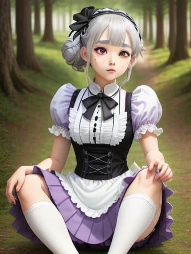  anime woman Appearance: light skin, curled white/grey hair. Wearing: An alice in wonderland dress but dark purple and white apron,white ruffle socks,black derby shoes,black bow in hair, white mask with black frown on it and black eyes., masterpieces, top quality, best quality, official art, beautiful and aesthetic, realistic, 4K, 8K