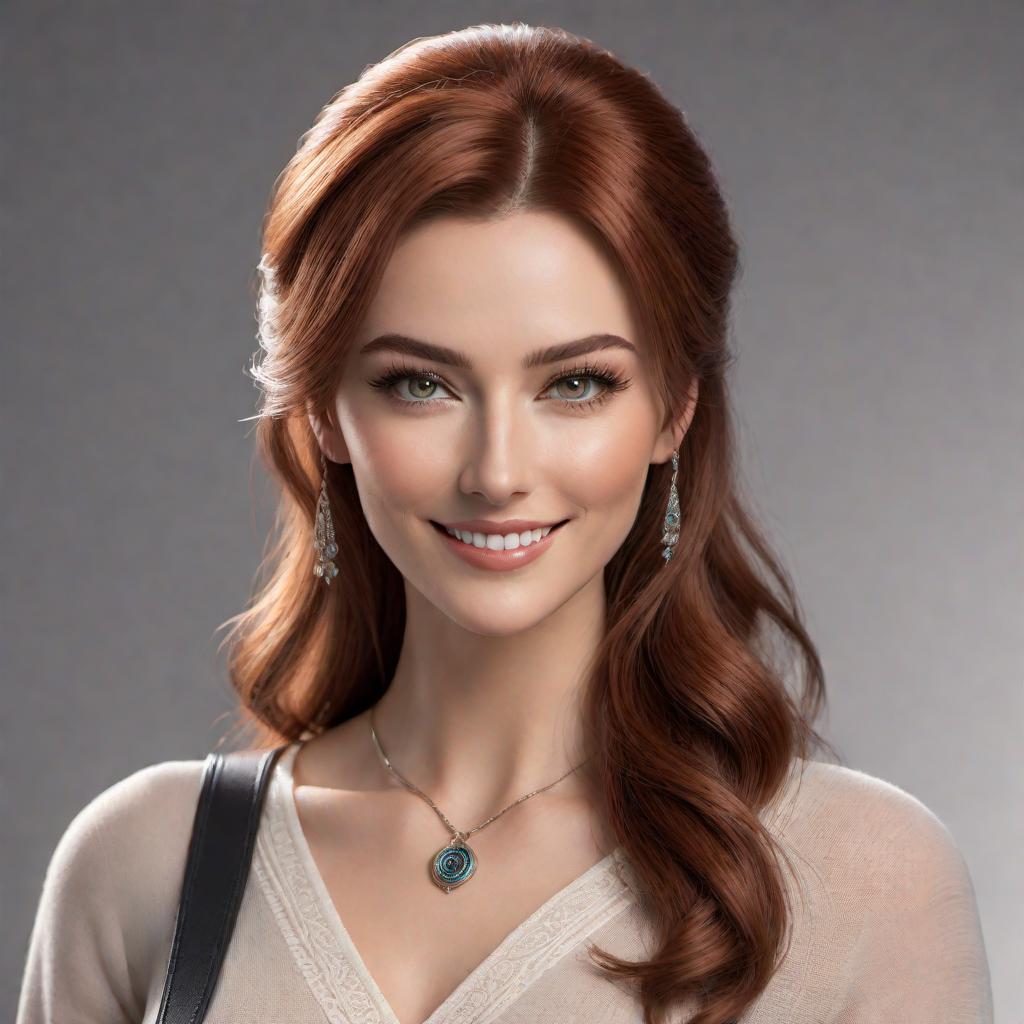  An AI assistant named Freya depicted as a friendly, approachable young woman with a warm smile, medium-length auburn hair, and wearing casual, modern attire, perhaps with some tech-themed accessories. The setting should be modern and tech-friendly, like a cozy room with a computer or similar gadgets. hyperrealistic, full body, detailed clothing, highly detailed, cinematic lighting, stunningly beautiful, intricate, sharp focus, f/1. 8, 85mm, (centered image composition), (professionally color graded), ((bright soft diffused light)), volumetric fog, trending on instagram, trending on tumblr, HDR 4K, 8K