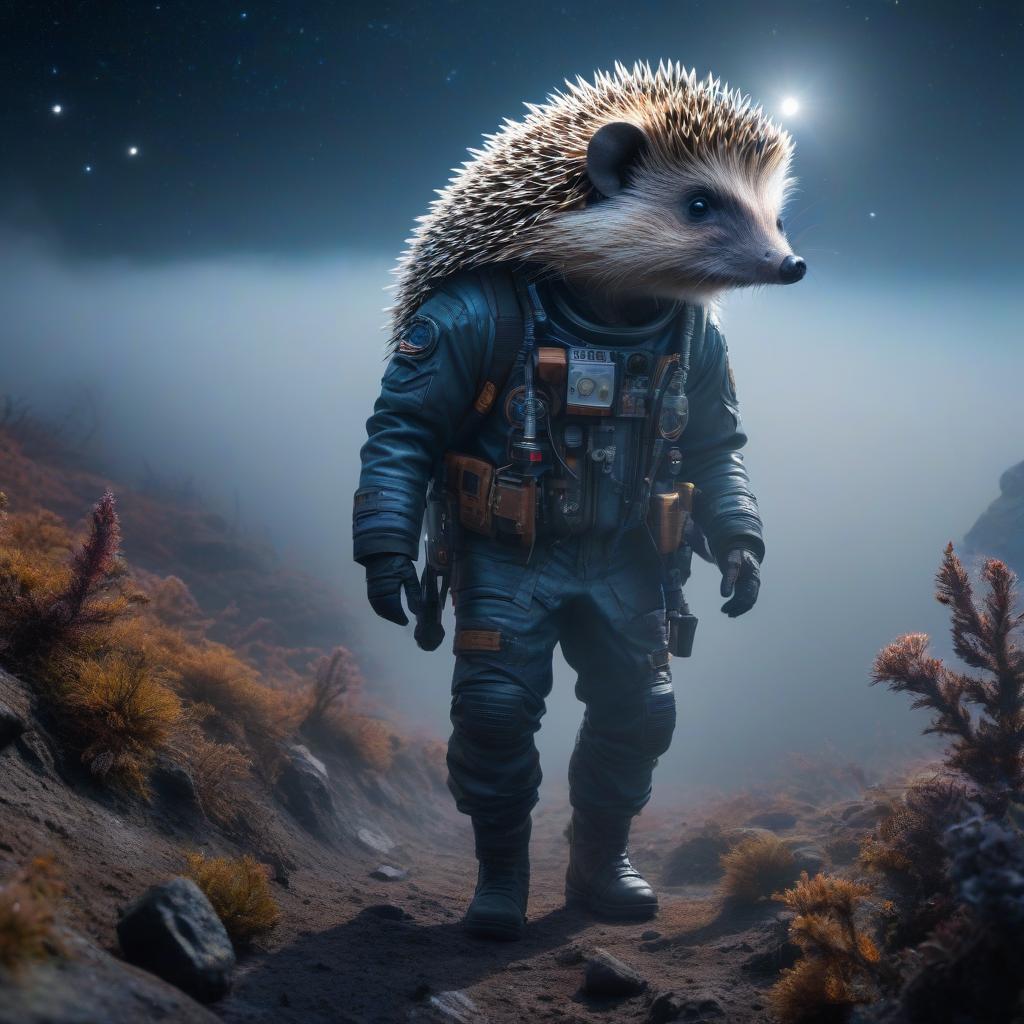  space themed Stim punk, hedgehog in the fog, looking for a bear c . cosmic, celestial, stars, galaxies, nebulas, planets, science fiction, highly detailed hyperrealistic, full body, detailed clothing, highly detailed, cinematic lighting, stunningly beautiful, intricate, sharp focus, f/1. 8, 85mm, (centered image composition), (professionally color graded), ((bright soft diffused light)), volumetric fog, trending on instagram, trending on tumblr, HDR 4K, 8K