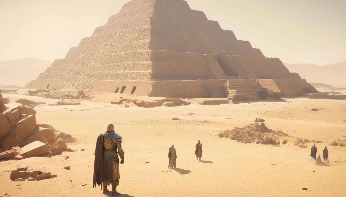  hyperrealism,fantasy aestheticComparison of the Step Pyramid with traditional mastaba tombs, the former towering and complex, the latter flat and simplistic, side by side visual, evolution, architectural advancement, stark contrast, high tech clothing clad in sleek, futuristic costume with metallic accents and form fitting designs, marvel superhero comics style, unreal engine rendering