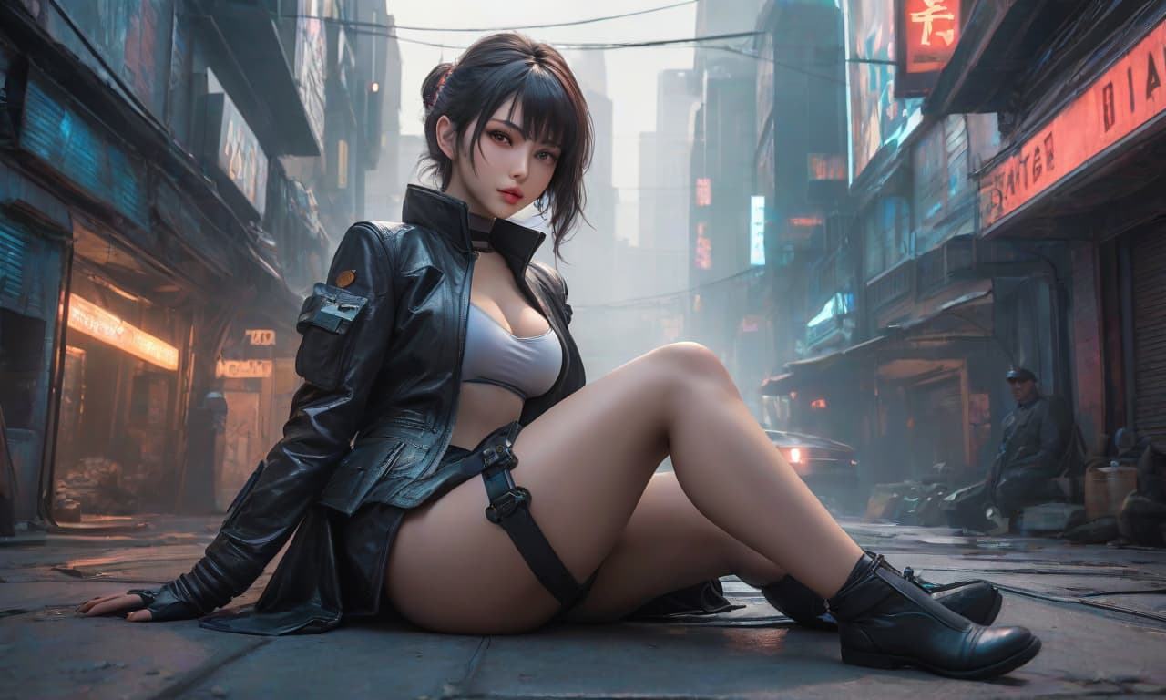  hyperrealistic art A beautiful girl, lying in a sexual pose, against the backdrop of a cyberpunk city. . extremely high resolution details, photographic, realism pushed to extreme, fine texture, incredibly lifelike, oil painting hyperrealistic, full body, detailed clothing, highly detailed, cinematic lighting, stunningly beautiful, intricate, sharp focus, f/1. 8, 85mm, (centered image composition), (professionally color graded), ((bright soft diffused light)), volumetric fog, trending on instagram, trending on tumblr, HDR 4K, 8K