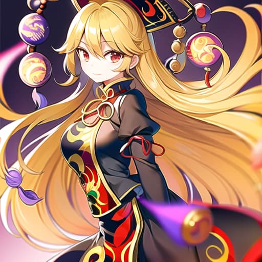  master piece , best quality,1girl, {{junko (touhou)}}, blonde hair, long hair, jewelry red eyes, glossy eyes, chinese clothes, black dress, long sleeves Peacock