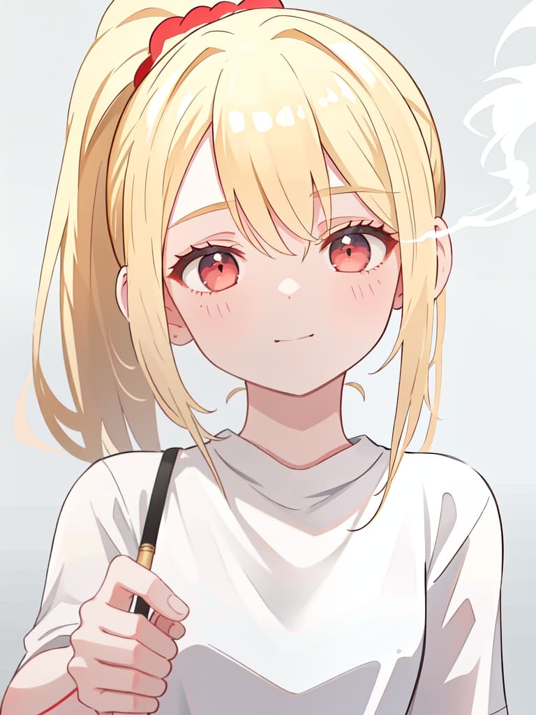  1girl,18yo,blonde hair,ponytail hair,red eyes,white shirt ,smoke a cigarette,smoke from mouth:1.5,light smile,realistic, masterpiece, best quality,8k,ultra detailed,high resolution,an extremely delicate and beautiful,hyper detail