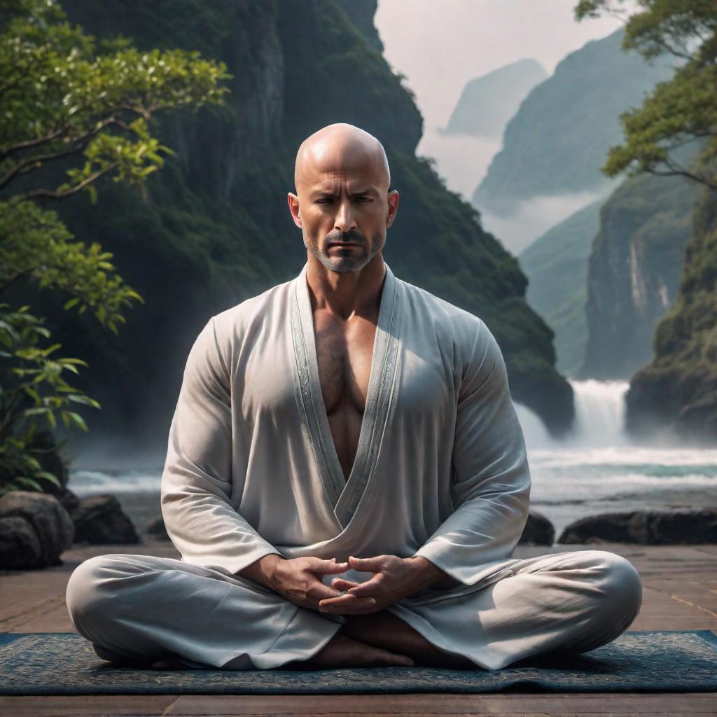  A bald man meditating hyperrealistic, full body, detailed clothing, highly detailed, cinematic lighting, stunningly beautiful, intricate, sharp focus, f/1. 8, 85mm, (centered image composition), (professionally color graded), ((bright soft diffused light)), volumetric fog, trending on instagram, trending on tumblr, HDR 4K, 8K