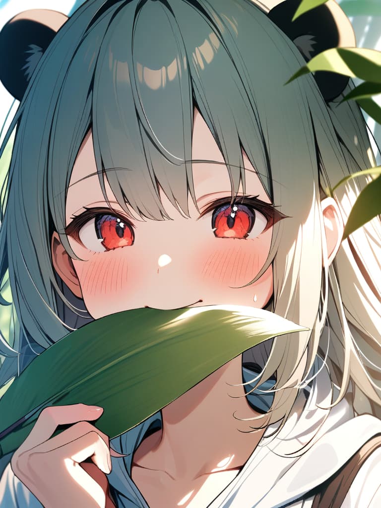  (A in a panda costume eating a bamboo leaf:1.5),solo,one cute ELF ,green hair,long hair,(insanely detailed red eyes:1.2),(happy,blush:1.1),(clear face,expressionless:1.1),(happy:1.5),(blush:1.2),upper body,summer,sunlight,, masterpiece, best quality,8k,ultra detailed,high resolution,an extremely delicate and beautiful,hyper detail