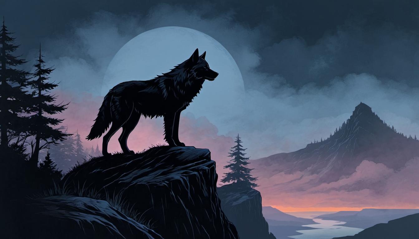  （surrealism)Lone wolf standing atop a cliff, silhouetted against a twilight sky, fur detailed with fine lines, landscape below is a blend of shadows and subtle hues, wolves, solitude, strength mystic, intricate details, best quality)