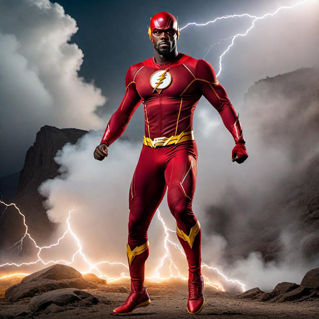  Michael Vick dressed as The Flash, with a combination of his football uniform and The Flash's iconic red and yellow suit, standing in a dynamic running pose, with a lightning bolt background emphasizing speed and energy. hyperrealistic, full body, detailed clothing, highly detailed, cinematic lighting, stunningly beautiful, intricate, sharp focus, f/1. 8, 85mm, (centered image composition), (professionally color graded), ((bright soft diffused light)), volumetric fog, trending on instagram, trending on tumblr, HDR 4K, 8K