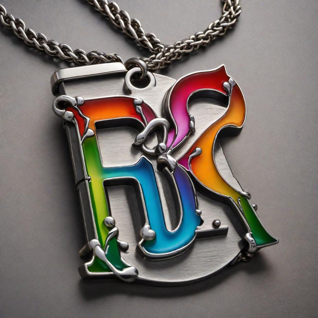  A pendant with the letters 'RFK Jr' written in a graffiti style. The pendant is metallic, with a shiny, reflective surface, and the graffiti letters are bold, vibrant, and slightly stylized. The pendant is hanging from a chain. hyperrealistic, full body, detailed clothing, highly detailed, cinematic lighting, stunningly beautiful, intricate, sharp focus, f/1. 8, 85mm, (centered image composition), (professionally color graded), ((bright soft diffused light)), volumetric fog, trending on instagram, trending on tumblr, HDR 4K, 8K