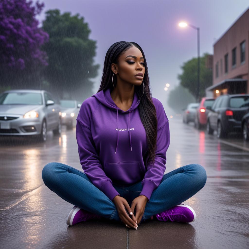  Black woman with long hair on her knees praying wearing purple sweatshirt and jeans with purple sneakers on, with rain falling in the background hyperrealistic, full body, detailed clothing, highly detailed, cinematic lighting, stunningly beautiful, intricate, sharp focus, f/1. 8, 85mm, (centered image composition), (professionally color graded), ((bright soft diffused light)), volumetric fog, trending on instagram, trending on tumblr, HDR 4K, 8K