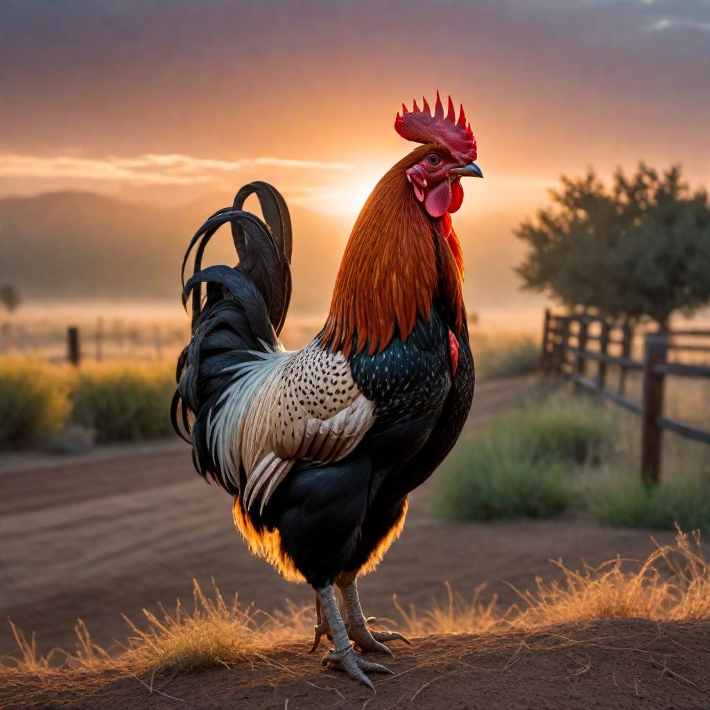  A rooster wearing a cowboy hat and looking cool in a western setting with a sunset in the background. hyperrealistic, full body, detailed clothing, highly detailed, cinematic lighting, stunningly beautiful, intricate, sharp focus, f/1. 8, 85mm, (centered image composition), (professionally color graded), ((bright soft diffused light)), volumetric fog, trending on instagram, trending on tumblr, HDR 4K, 8K