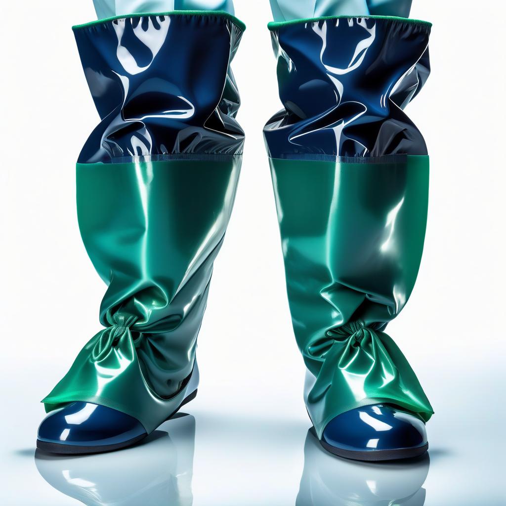  woman surgeon, glossy latex two colors, standing, operating room shoes, matching, high surgical shoe covers, knee high, with ribbon ties, the lower half from sole to ankle, from glossy latex dark blue, the upper half from ankle to knee, from glossy latex dark green, flat soled, without heels, front view, full face, full length hyperrealistic, full body, detailed clothing, highly detailed, cinematic lighting, stunningly beautiful, intricate, sharp focus, f/1. 8, 85mm, (centered image composition), (professionally color graded), ((bright soft diffused light)), volumetric fog, trending on instagram, trending on tumblr, HDR 4K, 8K