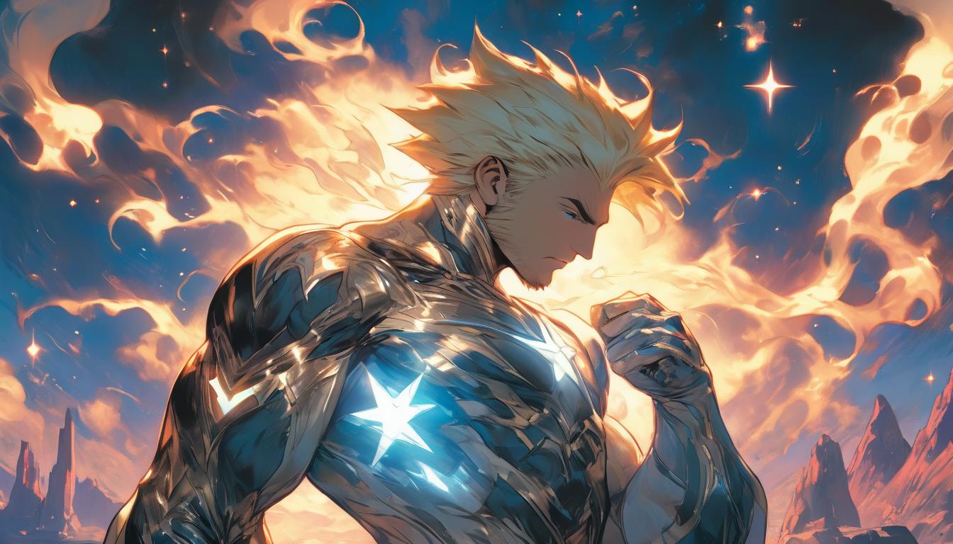  hyperrealism,fantasy aesthetic1man, handsome blonde arian male humanoid, meditative pose on a mountaintop, stars and cosmic symbols in the background, high tech clothing clad in sleek, futuristic costume with metallic accents and form fitting designs, marvel superhero comics style, unreal engine rendering