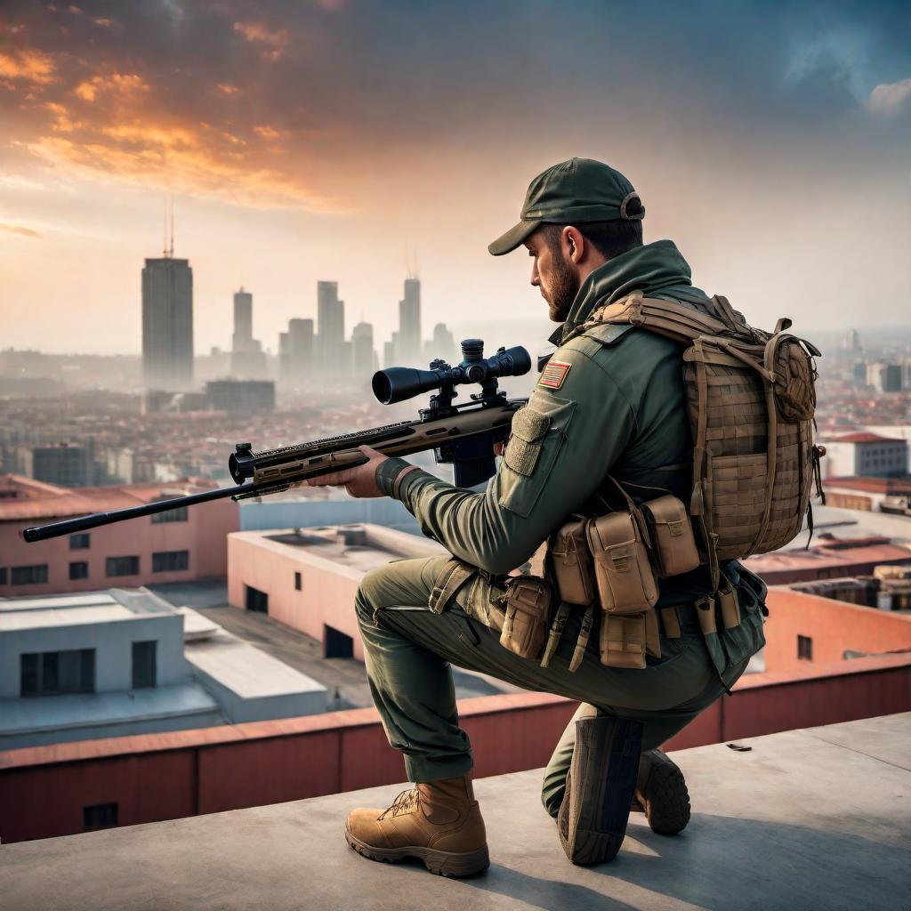  A sniper standing on a roof, looking down the scope of his rifle at his target below. The sniper is wearing a ghillie suit, with buildings and cityscape in the background. The atmosphere is tense and focused. hyperrealistic, full body, detailed clothing, highly detailed, cinematic lighting, stunningly beautiful, intricate, sharp focus, f/1. 8, 85mm, (centered image composition), (professionally color graded), ((bright soft diffused light)), volumetric fog, trending on instagram, trending on tumblr, HDR 4K, 8K