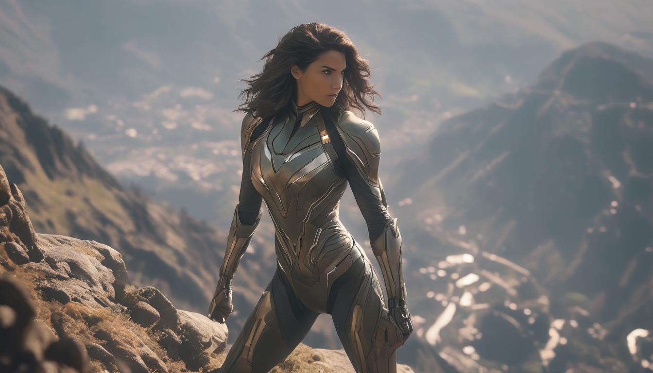  hyperrealism,fantasy aesthetic1woman, large busted brunette arian female humanoid, standing on a mountain peak, strong and radiant, overlooking a valley, high tech clothing clad in sleek, futuristic costume with metallic accents and form fitting designs, marvel superhero comics style, unreal engine rendering