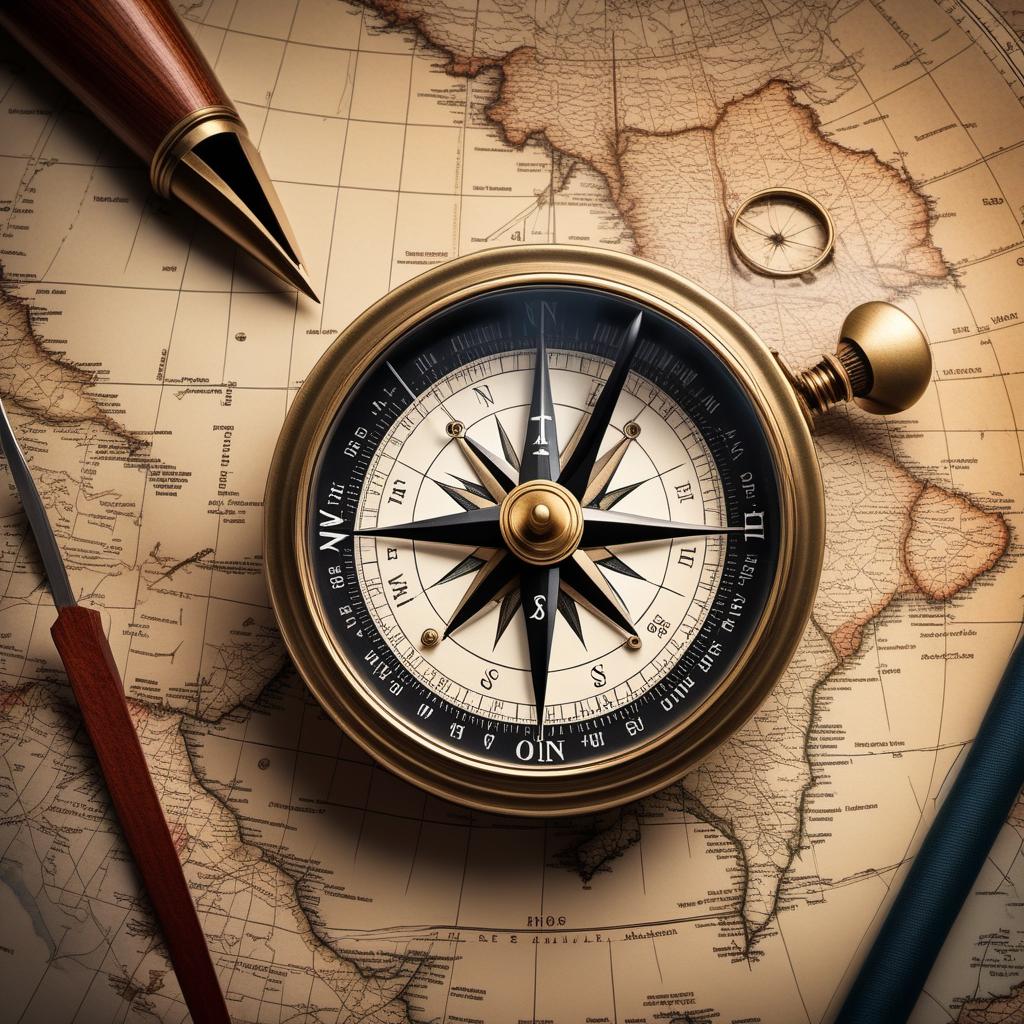  A traditional compass showing its needle pointing towards the north, surrounded by markings indicating directions (N, S, E, W). Background can include a subtle map or nautical theme to give context to the compass's usage. hyperrealistic, full body, detailed clothing, highly detailed, cinematic lighting, stunningly beautiful, intricate, sharp focus, f/1. 8, 85mm, (centered image composition), (professionally color graded), ((bright soft diffused light)), volumetric fog, trending on instagram, trending on tumblr, HDR 4K, 8K