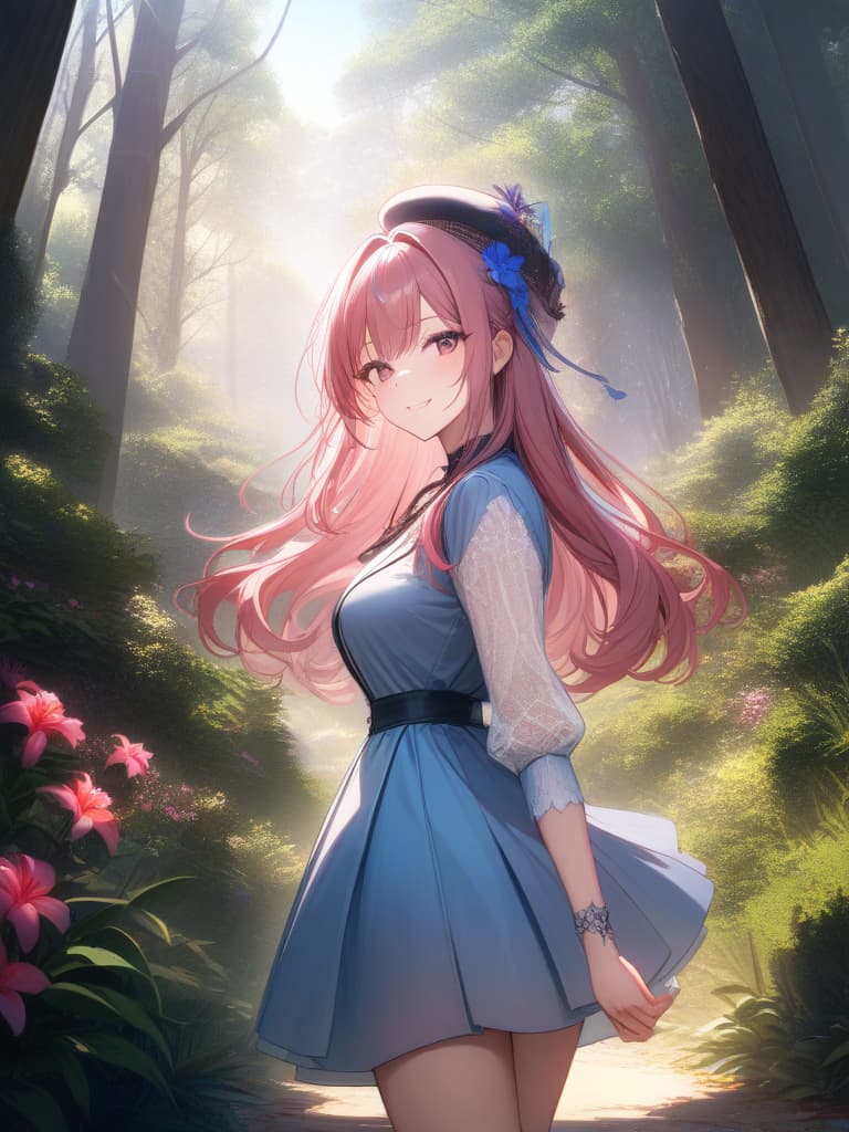  Masterpiece,super resolution,top quality,natural light,sunlight through trees,best shadow,a ,delicate dark pink hair color,glossy hair color,gradient hair color,long hair,pretty hat,white lace cardigan,blue dress👗,ロリータファッション,swinging looking back,smiling,pointing in the distance,bright forest park,azalea flowers,super high resolution,8K, masterpiece, best quality,8k,ultra detailed,high resolution,an extremely delicate and beautiful,hyper detail hyperrealistic, full body, detailed clothing, highly detailed, cinematic lighting, stunningly beautiful, intricate, sharp focus, f/1. 8, 85mm, (centered image composition), (professionally color graded), ((bright soft diffused light)), volumetric fog, trending on instagram, trending on tumblr, HDR 4K, 8K