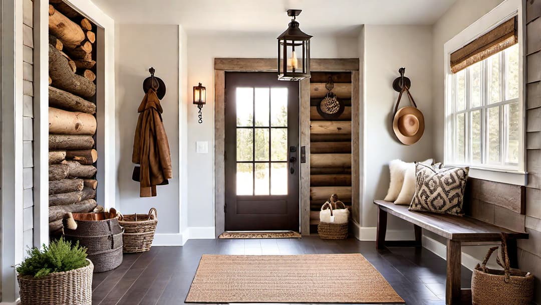  Charming cabin entryway with a rustic wooden bench, exposed log walls, hanging lantern style light fixture, woven rug, and outdoor gear like boots and a coat rack, warm and inviting ambiance