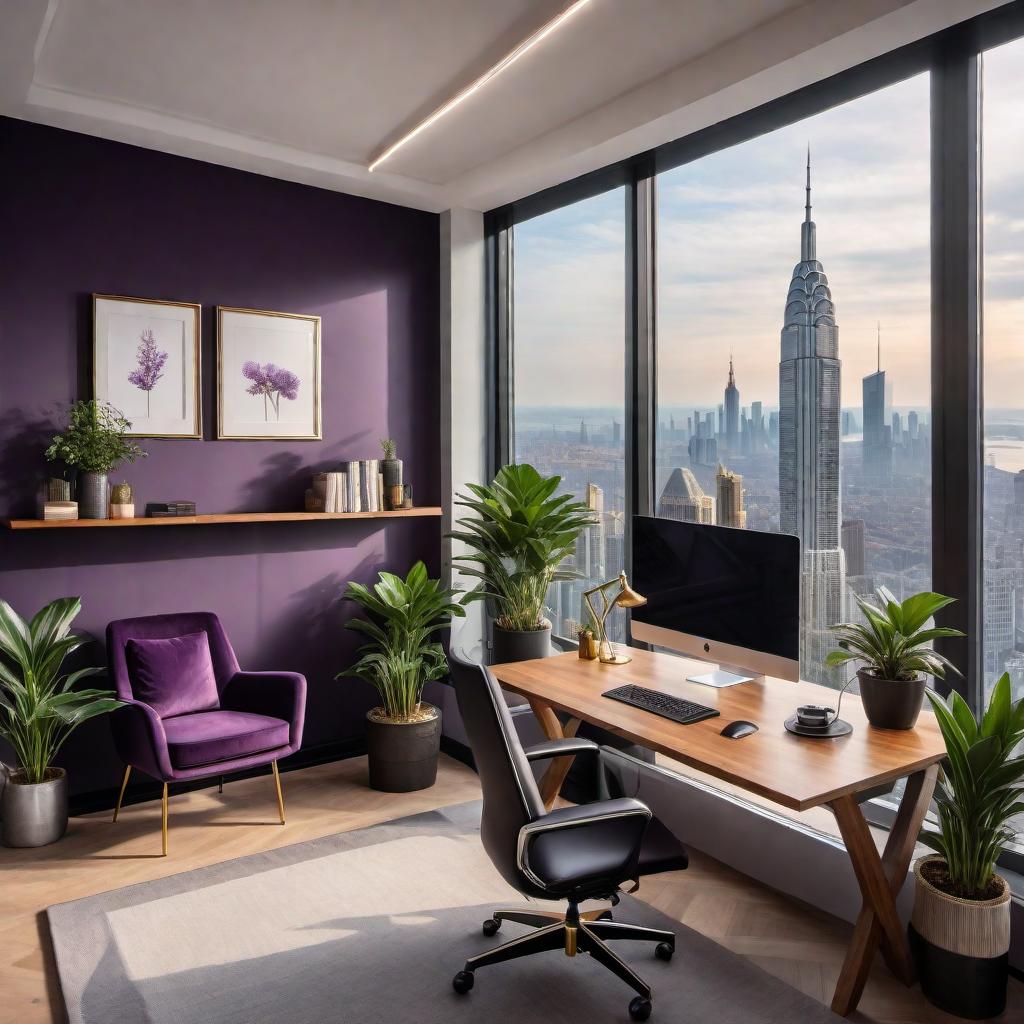  A professional modern contemporary virtual office using dark purple and gold color schemes. The office should have a modern and clean design with sleek furniture, ambient lighting, and a minimalist approach. Include a modern desk with a comfortable chair, a bookshelf, and some indoor plants for a touch of nature. The room should feel spacious with large windows showing a city skyline. The overall atmosphere should be calming and conducive to professional activities. hyperrealistic, full body, detailed clothing, highly detailed, cinematic lighting, stunningly beautiful, intricate, sharp focus, f/1. 8, 85mm, (centered image composition), (professionally color graded), ((bright soft diffused light)), volumetric fog, trending on instagram, trending on tumblr, HDR 4K, 8K