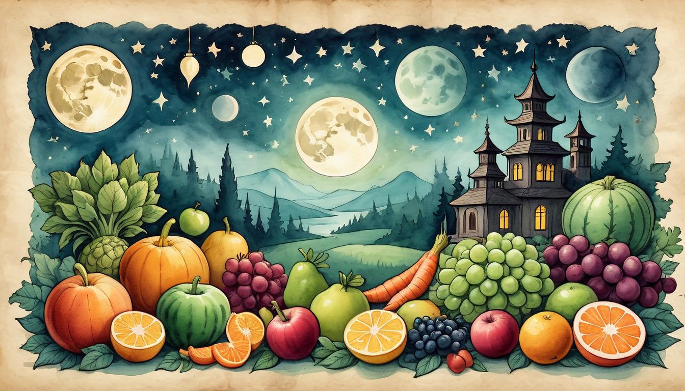  on parchment, surrealism+++, Healthy lifestyle items under a soft, moonlit night sky, surrounded by an ethereal glow, various fruits, vegetables, silhouettes doing yoga, peaceful demeanor, night ambiance, sense of harmony(mysterious, provocative, symbolic,muted color)+++