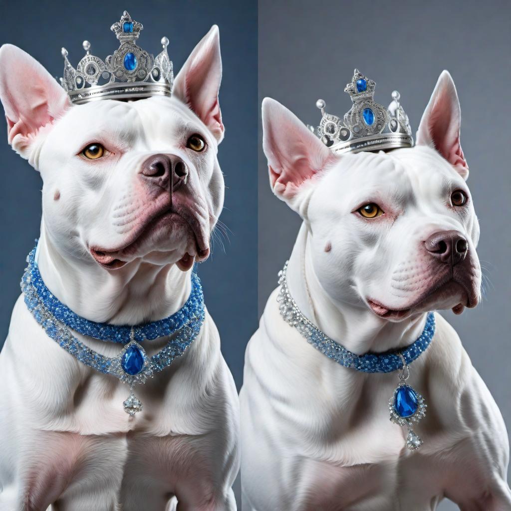  A growling white and blue pit bull wearing a princess crown, highly detailed, realistic style, with a focus on the expression of the dog and the elegance of the crown hyperrealistic, full body, detailed clothing, highly detailed, cinematic lighting, stunningly beautiful, intricate, sharp focus, f/1. 8, 85mm, (centered image composition), (professionally color graded), ((bright soft diffused light)), volumetric fog, trending on instagram, trending on tumblr, HDR 4K, 8K