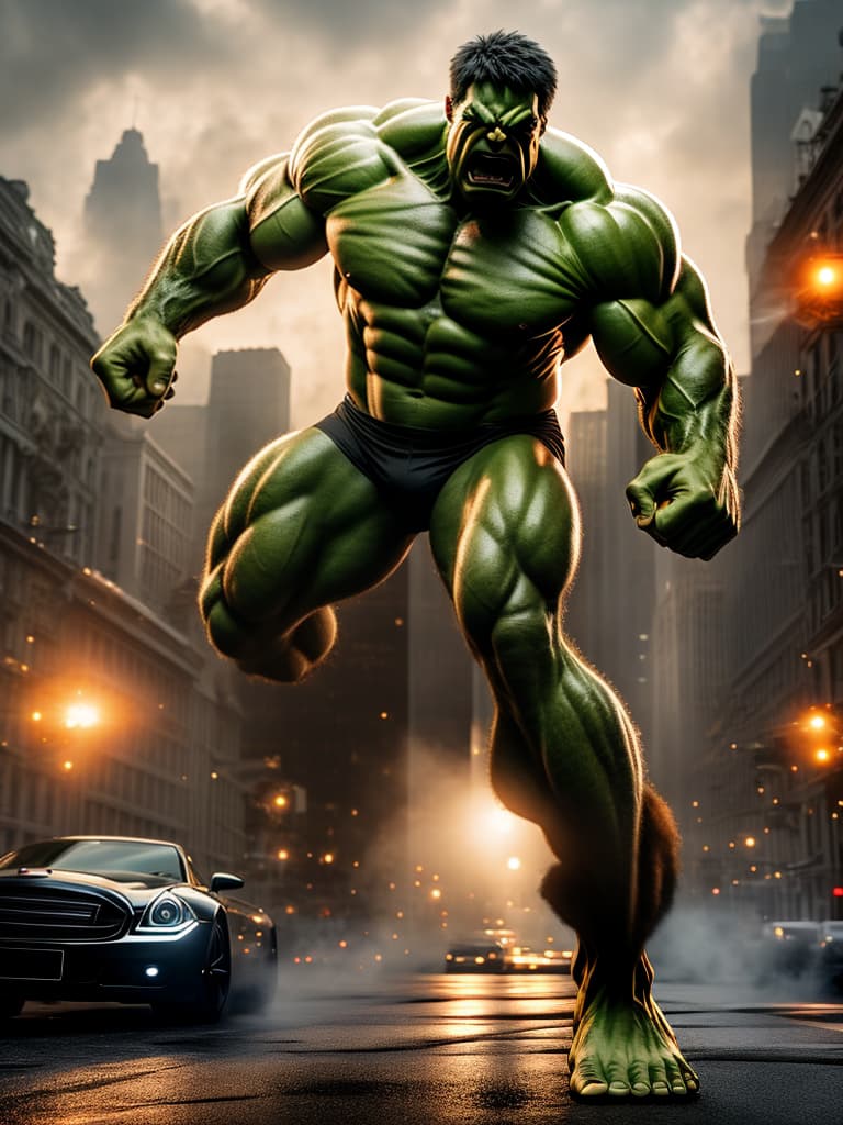  hulk hyperrealistic, full body, detailed clothing, highly detailed, cinematic lighting, stunningly beautiful, intricate, sharp focus, f/1. 8, 85mm, (centered image composition), (professionally color graded), ((bright soft diffused light)), volumetric fog, trending on instagram, trending on tumblr, HDR 4K, 8K