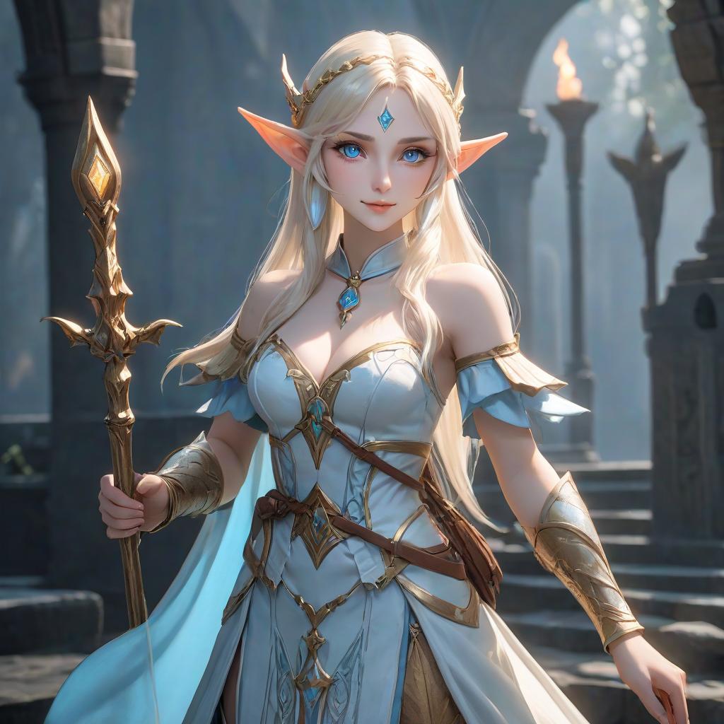  A confident elf with long ears and a gentle smile. She is kind, but fair. The High priestess of the Temple of Light and Darkness. The skin is pale. Her hair is blond, almost white. Her eyes are pale blue, almost white. She holds a staff in her hand. hyperrealistic, full body, detailed clothing, highly detailed, cinematic lighting, stunningly beautiful, intricate, sharp focus, f/1. 8, 85mm, (centered image composition), (professionally color graded), ((bright soft diffused light)), volumetric fog, trending on instagram, trending on tumblr, HDR 4K, 8K