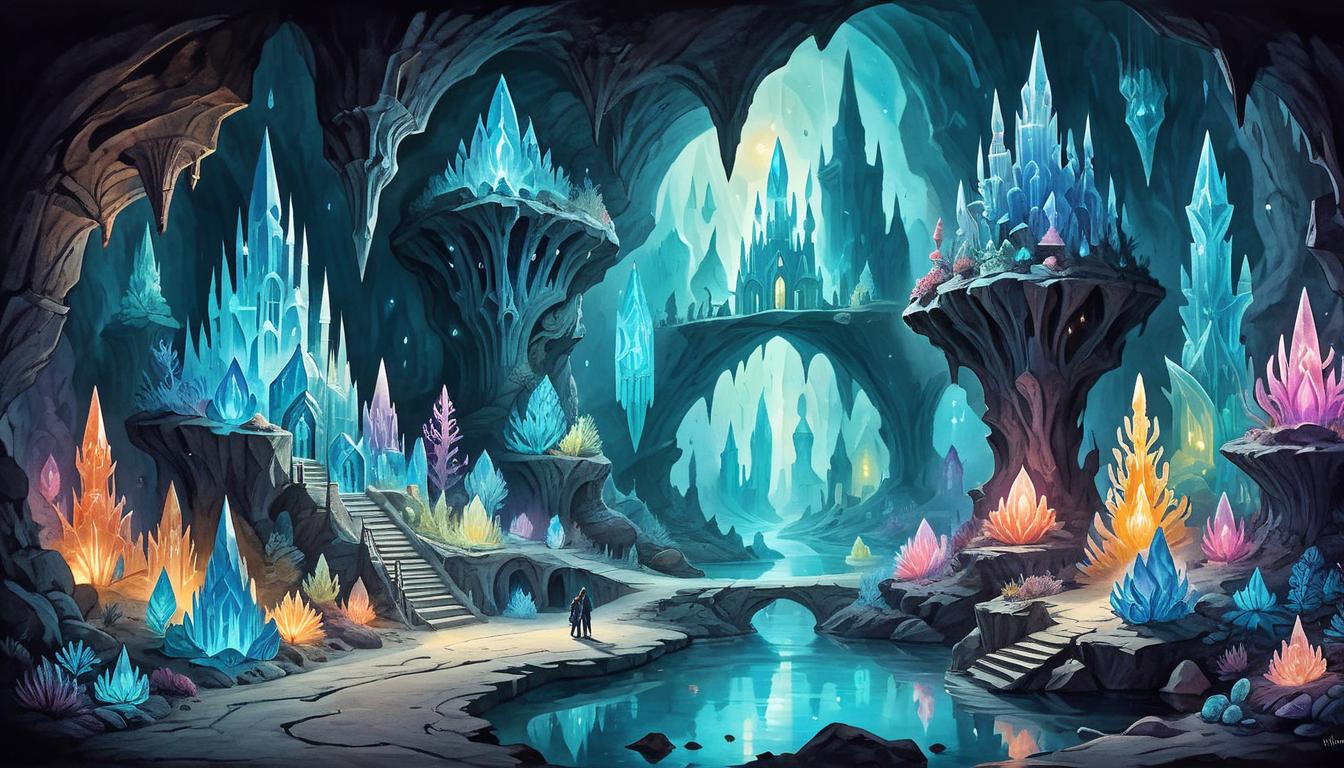  on parchment, surrealism+++, Glistening crystal cavern, bioluminescent crystals casting colorful lights, reflections creating intricate patterns, mystical, serene(mysterious, provocative, symbolic,muted color)+++