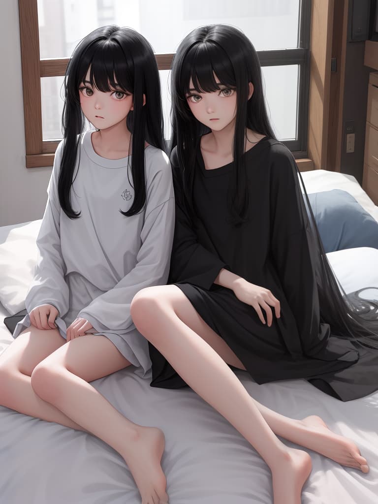  Boys who became girls, black hair, sleepwear, long hair, on the futon, woke up, sitting, surprised, hidden, masterpiece, best quality,8k,ultra detailed,high resolution,an extremely delicate and beautiful,hyper detail