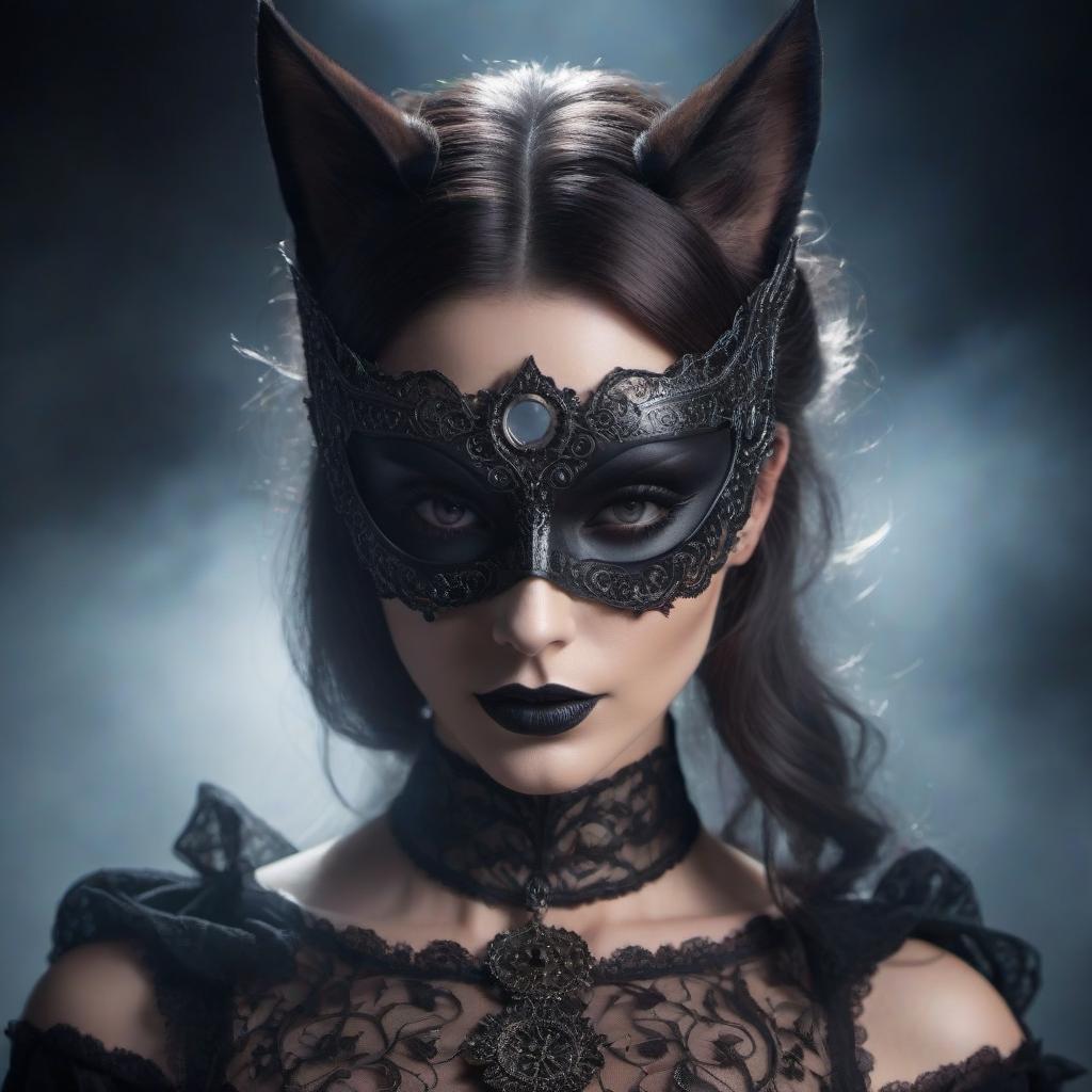  portrait of beautiful gothic woman wearing solar shadow mask" hyperrealistic, full body, detailed clothing, highly detailed, cinematic lighting, stunningly beautiful, intricate, sharp focus, f/1. 8, 85mm, (centered image composition), (professionally color graded), ((bright soft diffused light)), volumetric fog, trending on instagram, trending on tumblr, HDR 4K, 8K