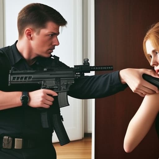  A woman is going to kill a man by shooting him by a gun both the man and the woman should be clearly visible make it more realistic the man is scared