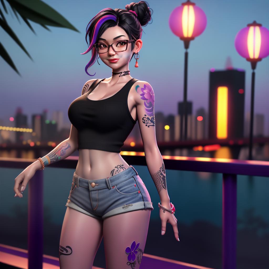  3D render of a Thai woman with tattoos standing on a bridge, smile, breasts, black hair, navel, large breasts, lipstick, outdoors, glasses, purple short shorts, black single hair bun with hairpin, (white tank top), optic glasses, sunset, open fly, (colorful tattoos:1.3)