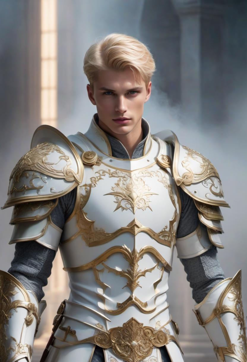  ethereal fantasy concept art of Young man, blond short hair, plate white armor, big shield in the arm . magnificent, celestial, ethereal, painterly, epic, majestic, magical, fantasy art, cover art, dreamy hyperrealistic, full body, detailed clothing, highly detailed, cinematic lighting, stunningly beautiful, intricate, sharp focus, f/1. 8, 85mm, (centered image composition), (professionally color graded), ((bright soft diffused light)), volumetric fog, trending on instagram, trending on tumblr, HDR 4K, 8K