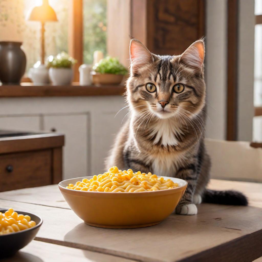  A cute cat eating a bowl of mac and cheese. The cat is happily enjoying its meal, with some cheesy pasta on its whiskers. The setting is a cozy kitchen with warm lighting, and the cat looks content and adorable. hyperrealistic, full body, detailed clothing, highly detailed, cinematic lighting, stunningly beautiful, intricate, sharp focus, f/1. 8, 85mm, (centered image composition), (professionally color graded), ((bright soft diffused light)), volumetric fog, trending on instagram, trending on tumblr, HDR 4K, 8K