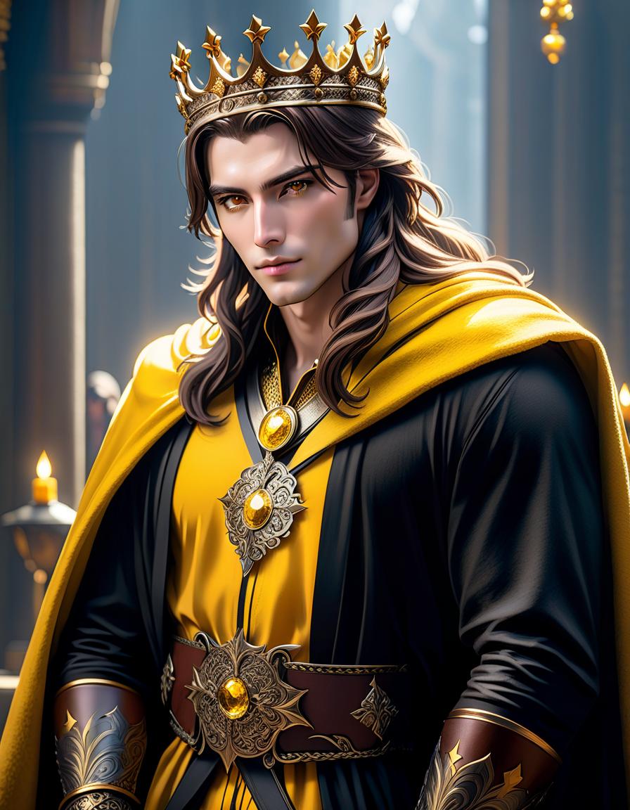  cinematic photo A tall man with long brown hair and dark, rounded eyes. He's wearing a yellow robe with a belt around his waist. There's a leather breastplate. His pants are black. And he has a golden crown on his head. [Suggestion: tall man with long brown hair and dark round eyes, wearing a yellow robe with a belt, a leather breastplate, and black pants, and a golden crown on his head.] . 35mm photograph, film, bokeh, professional, 4k, highly detailed hyperrealistic, full body, detailed clothing, highly detailed, cinematic lighting, stunningly beautiful, intricate, sharp focus, f/1. 8, 85mm, (centered image composition), (professionally color graded), ((bright soft diffused light)), volumetric fog, trending on instagram, trending on tumblr, HDR 4K, 8K