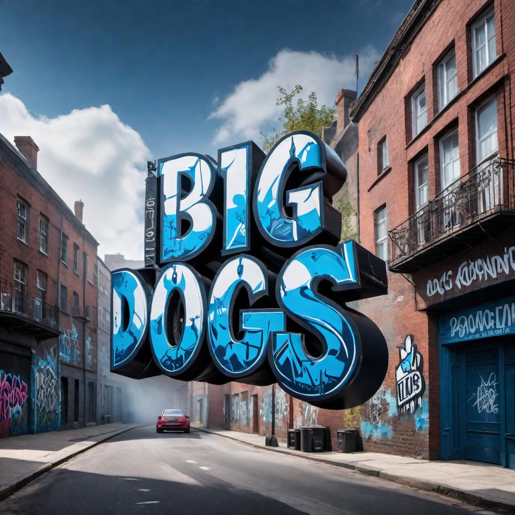  Logo design for 'Big Dogs'. Style: Cool, graffiti-like aesthetic. Include bold, edgy font and elements that evoke a street art vibe. Dominant colors: Black, Blue, and White. Highlight 'Big Dogs' prominently in the design. hyperrealistic, full body, detailed clothing, highly detailed, cinematic lighting, stunningly beautiful, intricate, sharp focus, f/1. 8, 85mm, (centered image composition), (professionally color graded), ((bright soft diffused light)), volumetric fog, trending on instagram, trending on tumblr, HDR 4K, 8K