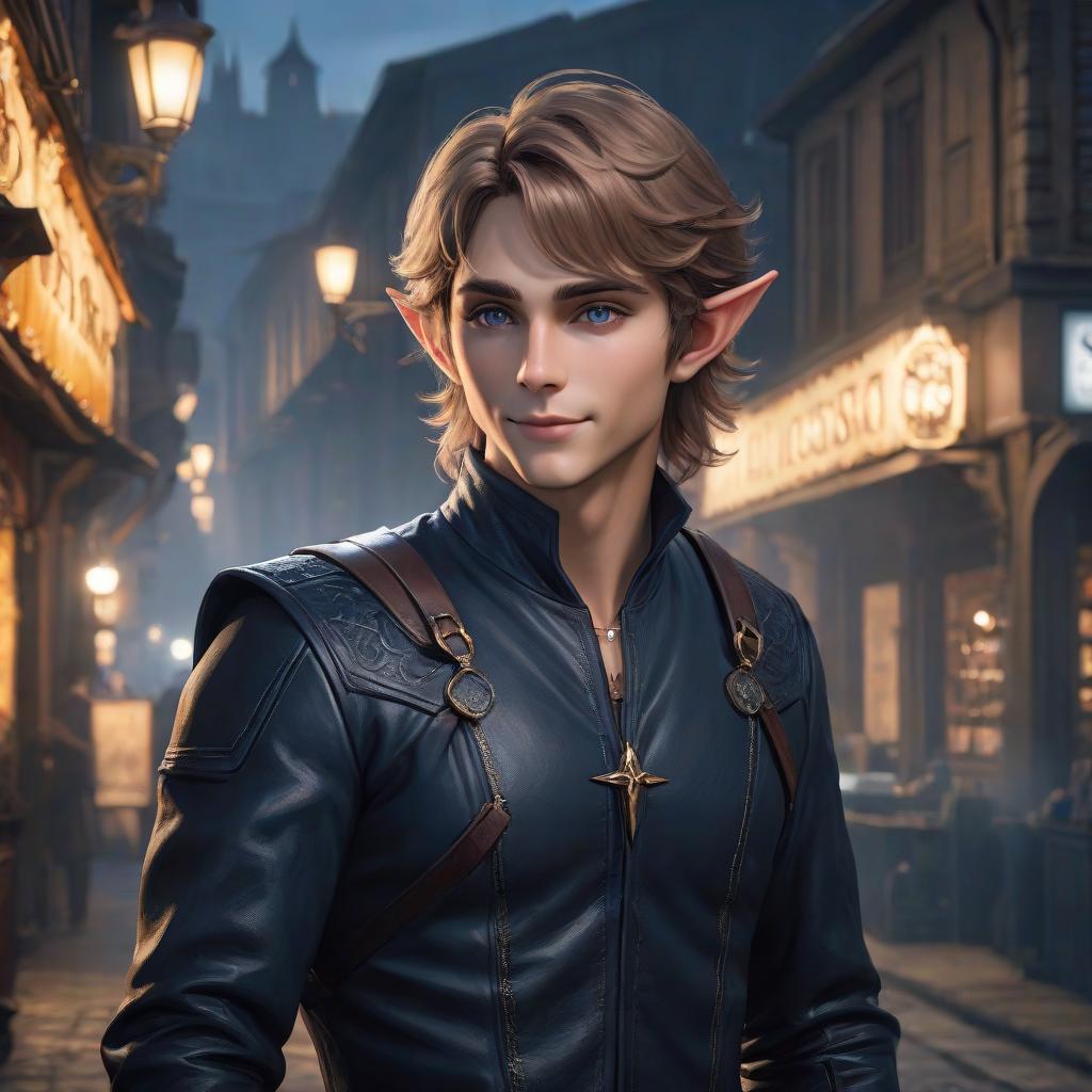  The guy is an elf with light brown hair. The hair is short, slightly curly. The eyes are a bright deep dark blue color. The face is round. He's smiling. His eyes are slyly narrowed. He is confident in himself. He's wearing a black leather jacket. He is an elf assassin hyperrealistic, full body, detailed clothing, highly detailed, cinematic lighting, stunningly beautiful, intricate, sharp focus, f/1. 8, 85mm, (centered image composition), (professionally color graded), ((bright soft diffused light)), volumetric fog, trending on instagram, trending on tumblr, HDR 4K, 8K