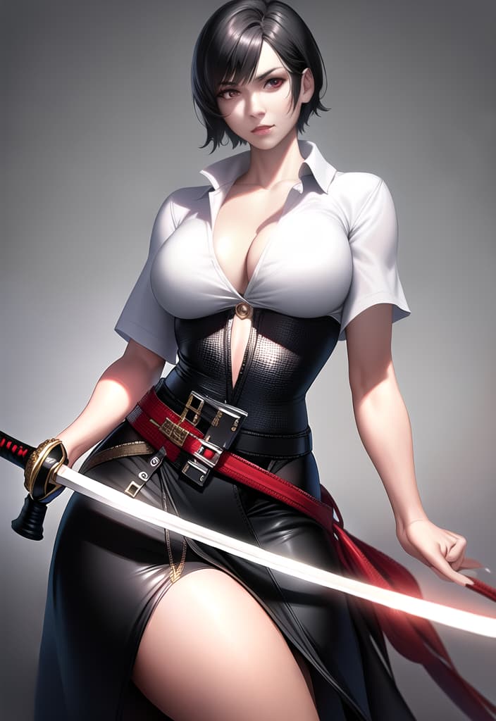  black hair, very short hair, woman, older sister, mature, white dress shirt, red corset, black leather pants, long Japanese sword, muscular, accurate eyes, accurate hands, Japanese armor on shoulders and arms,cowboy shot, (Masterpiece, BestQuality:1.3), (ultra detailed:1.2), (hyperrealistic:1.3), (RAW photo:1.2),High detail RAW color photo, professional photograph, (Photorealistic:1.4), (realistic:1.4), ,professional lighting, (japanese), beautiful face, (realistic face)