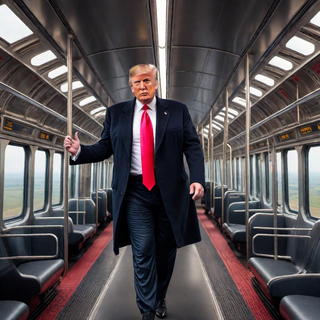  An image of a Generation X train with Donald Trump riding on the top. The train should look modern and futuristic, with sleek lines and advanced technology features. Donald Trump, in his recognizable attire with a dark suit and red tie, should be on top of the train, looking confident and perhaps waving or pointing. The background should have a dynamic setting, possibly with a vibrant cityscape or open countryside. hyperrealistic, full body, detailed clothing, highly detailed, cinematic lighting, stunningly beautiful, intricate, sharp focus, f/1. 8, 85mm, (centered image composition), (professionally color graded), ((bright soft diffused light)), volumetric fog, trending on instagram, trending on tumblr, HDR 4K, 8K