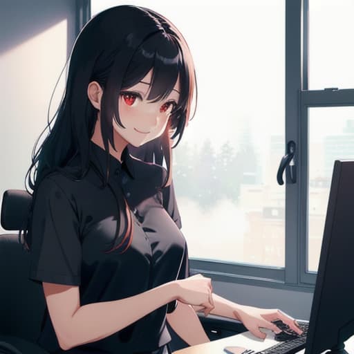   1girl, solo, anime named Emi, black long hair, in an office, sitting on a chair, wearing black shirt, looking at the viewer, red eyes, smiling. hyperrealistic, full body, detailed clothing, highly detailed, cinematic lighting, stunningly beautiful, intricate, sharp focus, f/1. 8, 85mm, (centered image composition), (professionally color graded), ((bright soft diffused light)), volumetric fog, trending on instagram, trending on tumblr, HDR 4K, 8K