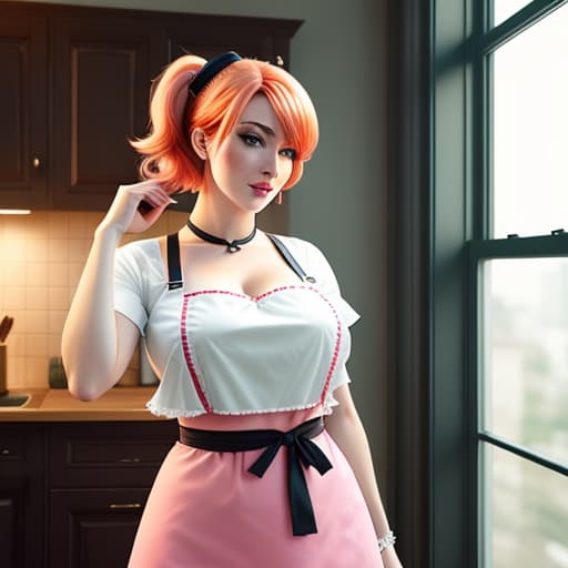  a closeup portrait of a playful maid, undercut hair, apron, amazing body, pronounced feminine feature, busty, belly button, stockings, kitchen, [ash blonde | ginger | pink hair], freckles, flirting with camera hyperrealistic, full body, detailed clothing, highly detailed, cinematic lighting, stunningly beautiful, intricate, sharp focus, f/1. 8, 85mm, (centered image composition), (professionally color graded), ((bright soft diffused light)), volumetric fog, trending on instagram, trending on tumblr, HDR 4K, 8K