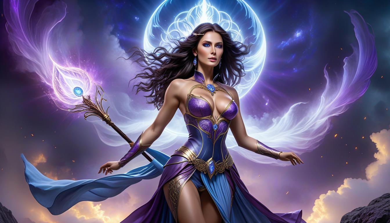  ethereal fantasy concept art of , with blue eyes, soft features, medium bare s, erect s, wavy dark hair, arrogant expression, casts a spell, surrounded by a purple aura.8k. hdr . magnificent, celestial, ethereal, painterly, epic, majestic, magical, fantasy art, cover art, dreamy hyperrealistic, full body, detailed clothing, highly detailed, cinematic lighting, stunningly beautiful, intricate, sharp focus, f/1. 8, 85mm, (centered image composition), (professionally color graded), ((bright soft diffused light)), volumetric fog, trending on instagram, trending on tumblr, HDR 4K, 8K