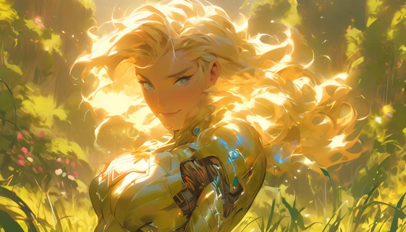  hyperrealism,fantasy aesthetic1woman, large busted attractive blonde arian female humanoid, standing in a lush meadow, hands on heart, feeling earth's love, radiant smile, warm and supportive mood, high tech clothing clad in sleek, futuristic costume with metallic accents and form fitting designs, marvel superhero comics style, unreal engine rendering